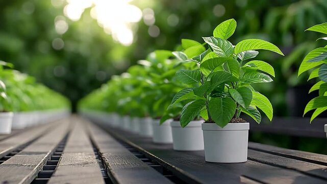 Lush green plants in white pots lined along a wooden table in a vibrant greenhouse setting