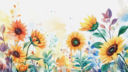 watercolor botanical Sunflower flowers texture template background.Elegant wedding invitation card background . Minimal hand painted Design for wedding or Valentine's Day