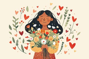 Smiling young female holding bouquet surrounded by floral illustrations