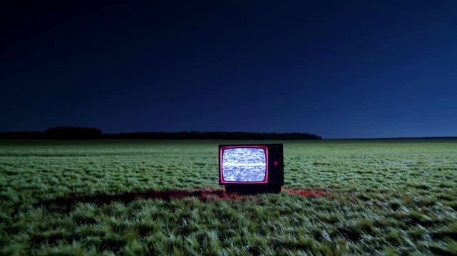 Vintage television displaying noisy static sits alone vast dark grassy field deep night sky surreal eerie scene evokes isolation disconnection outdated technology lost message media
