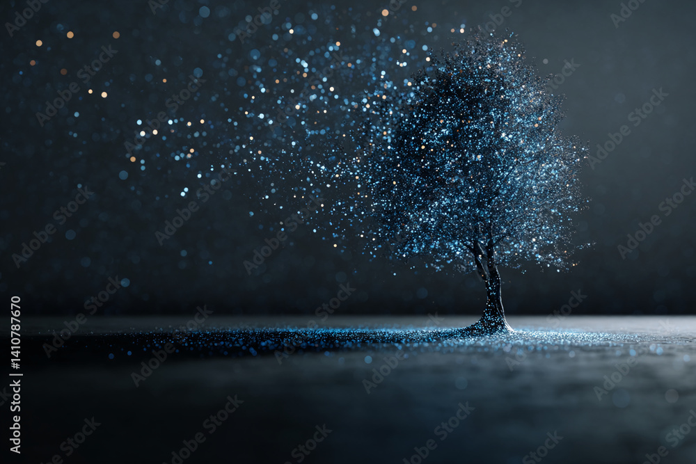 Poster sparkling blue tree on dark background, glittering particles surround it, creating a magical, dreamy