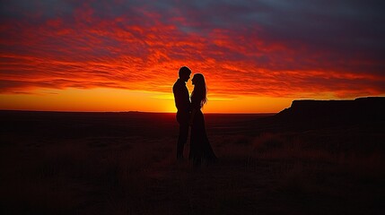 Fototapeta premium Silhouette Couple Sunset Embrace Romantic Love