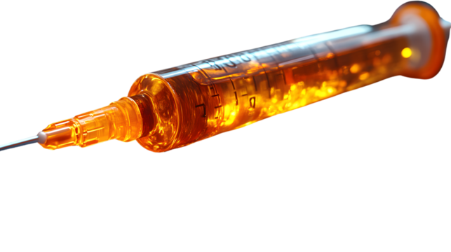 A syringe filled with glowing orange liquid perfect for medical science and fantasy themes