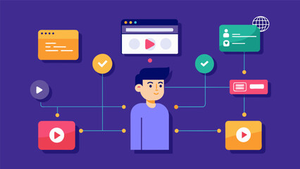 A visualization of user flow from website visit to subscribing to a streaming service to watching specific content all based on analytics.. Vector illustration