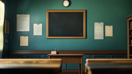 Vintage Classroom Interior with Blackboard, Teacher's Desk, and Wooden Furniture