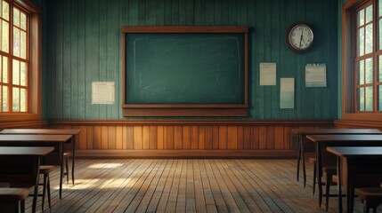 Vintage Classroom with Blackboard, Wooden Desks, and Brightly Lit Windows