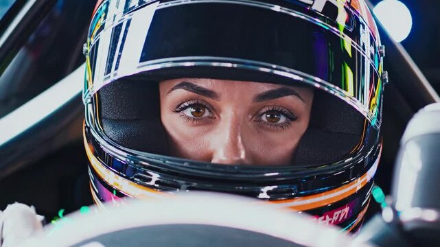 Close up female racer intense focused eyes peer through helmet visor inside car cockpit colorful light reflections signify speed competition adrenaline determination drive fast motorsport focus