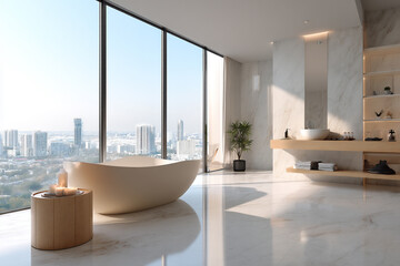 Luxurious Bathroom Retreat With White Marble and Stunning City View, Designed for Relaxation and Tranquility