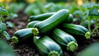 Vibrant zucchini growing in a lush garden bed