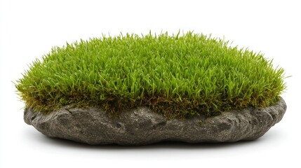 Mossy dome atop dark, textured stone, isolated on white. Detail of natural formation