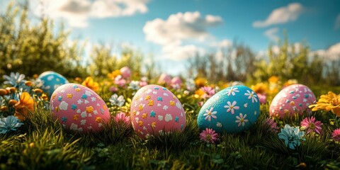 Colorful decorated eggs surrounded by wildflowers in a sunny meadow during spring season