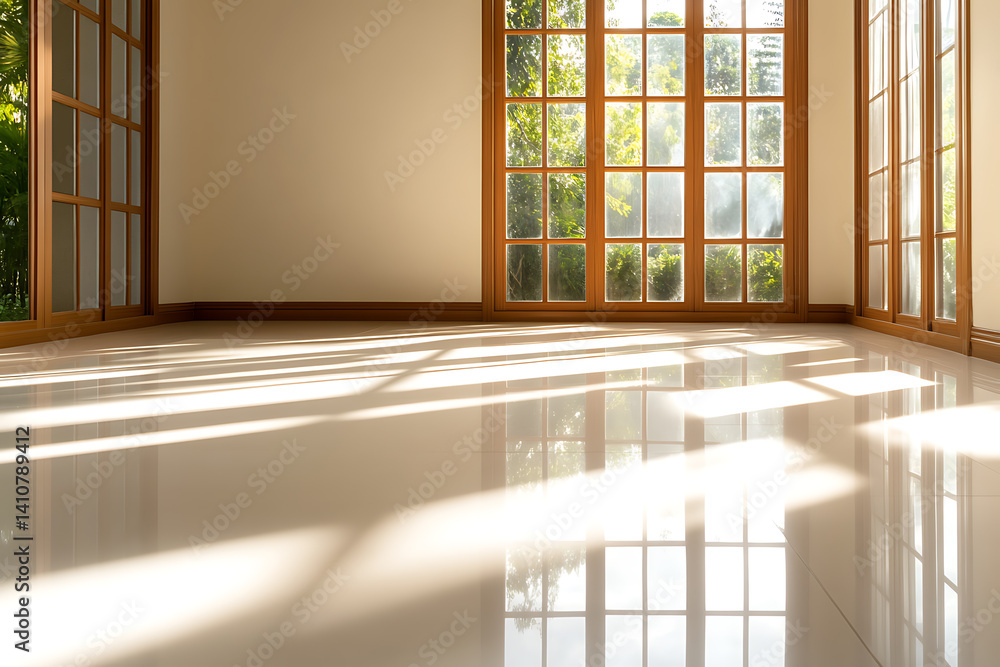 Poster sunlight streams through window: an empty room bathed in light, creating geometric patterns on the f