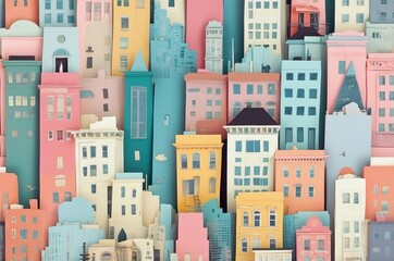 Colorful paper cutout cityscape showcasing a whimsical blend of architecture with vibrant hues