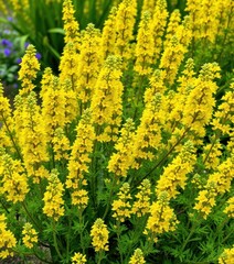 Obraz premium Bushy upright stems densely packed with vibrant green foliage and tiny, bright yellow blossoms, wildflower, plant life