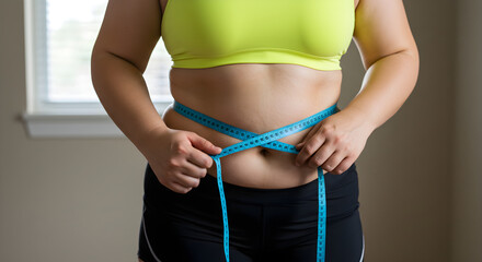 Overweight woman measuring her waistline with tape measure. checking fitness progress and weight loss goals. Belly and abdominal abs press during weight loss. Sports motivation. Healthy lifestyle