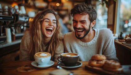 Happy Couple Enjoying Coffee and Pastries at a Cozy Cafe