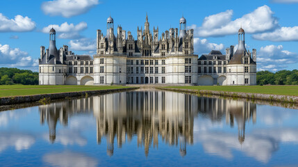 Obraz premium Majestic Castle Reflection: A stunning castle, with its intricate architecture and majestic presence, mirrored in the serene waters of a reflecting pool under a vibrant blue sky.