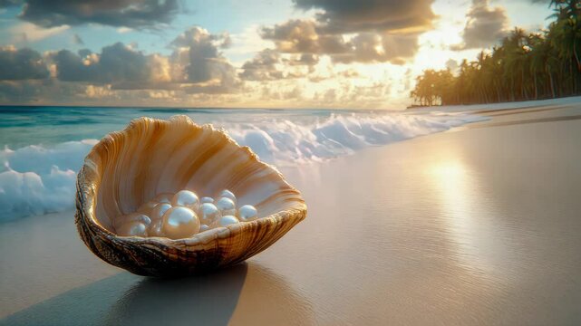 Pearl resting inside an open clam shell on a beach, surrounded by ocean waves and soft sand