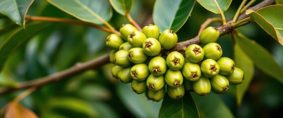 Vibrant green coffee berries cluster on a branch, sustainable, red, crop