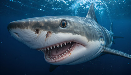 Fototapeta premium Great white shark swimming underwater with its mouth slightly open, revealing rows of sharp teeth in the deep blue ocean.