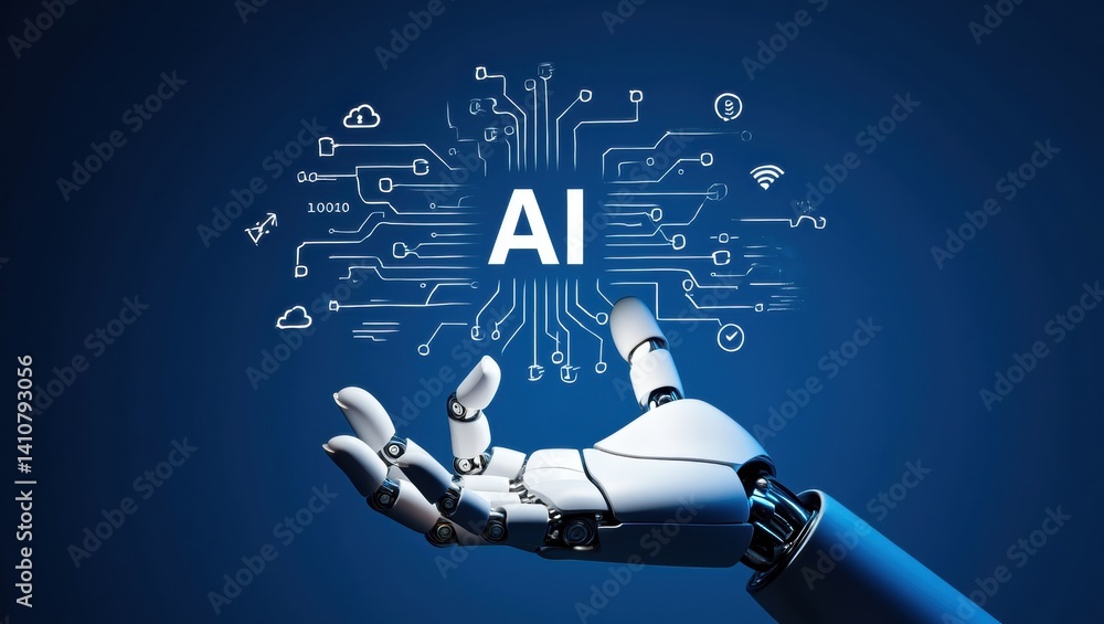 Poster futuristic ai concepts with robotic hand and digital interface
