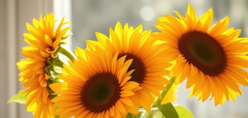 Obraz premium Vibrant yellow sunflowers burst from a clear glass vase, bathed in sunlight, arrangement, stock photo, image