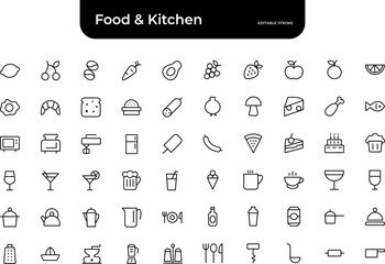 Food & Kitchen Line Icon Pack – Editable Stroke. set of minimal food and kitchen icons include: Fruits & Veggies, Dishes & Snacks, Drinks, Kitchen Tools, Appliances, Utensils & Tableware