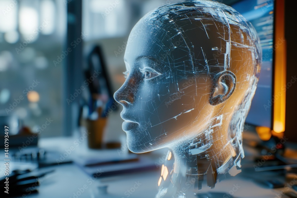 Poster futuristic artificial intelligence head displayed on a desk beside computer in modern workspace