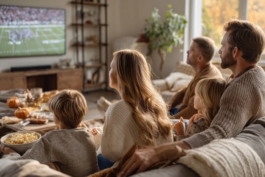 A family is happily watching a football game together in their living room with snacks and each other.