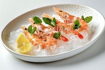 Fresh shrimps lying on ice with lemon and basil leaves in white plate