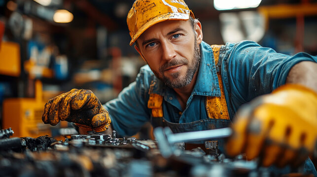 A mechanic performs engine maintenance with a wrench, showcasing automotive repair skills in a workshop