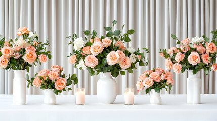 Fototapeta premium Peachy Orange And Cream Roses In White Vases