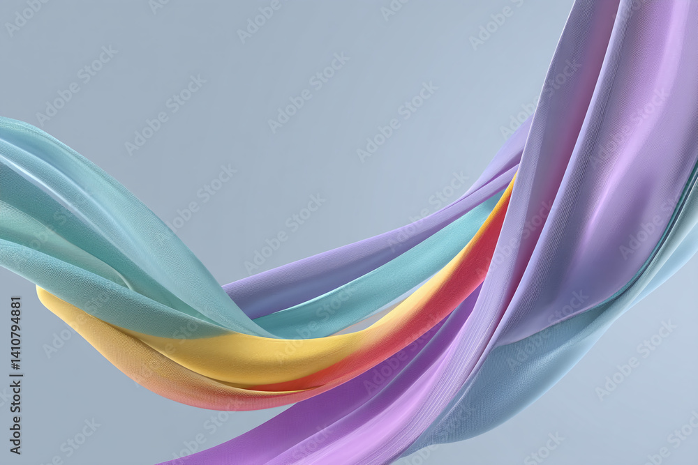 Poster Abstract image of pastel-colored fabric flowing in a dynamic curve, creating a smooth, elegant, and modern design, ideal for various applications