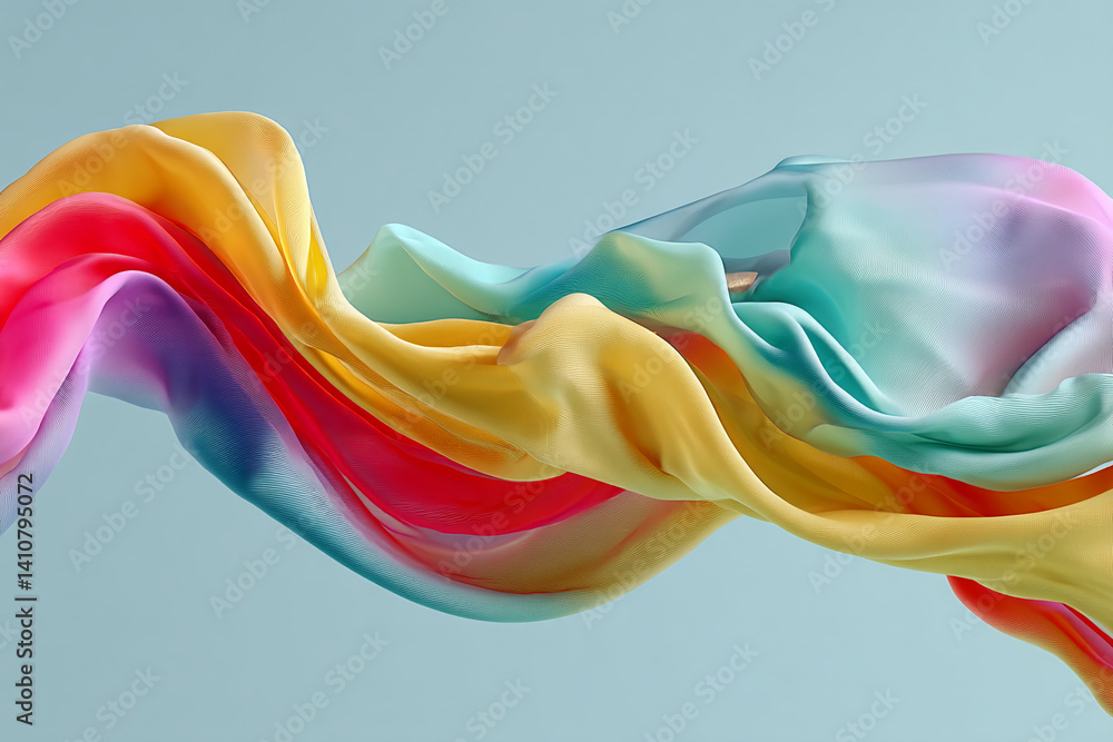 Poster abstract image of flowing, multicolored fabric with shades of yellow, red, blue, and green, creating