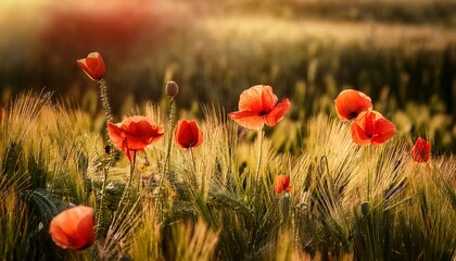 Poppies in the cornfield with a fuzzy background