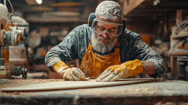 A professional craftsman in safety gear sands a surfboard using specialized machinery in a contemporary studio
