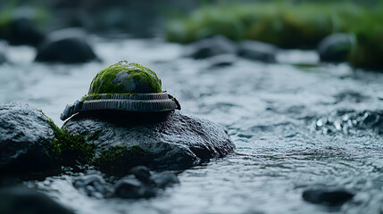 Dark Stones With Moss And Sphere In A Gentle Stream
