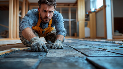 A skilled handyman installs floor tiles with care, ensuring proper alignment during home renovation