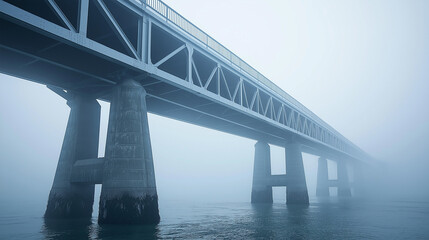 Fototapeta premium Mystical Bridge in the Mist: A strong and enduring bridge stretches into the misty horizon, its structure a testament to human ingenuity. This image evokes a sense of mystery and anticipation.