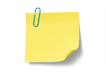 A yellow sticky note with a blue paper clip attached on a clean white background