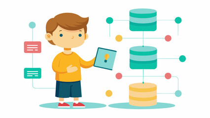 A little boy using a whiteboard to map out the relationships between different tables in a database proudly showing off his new knowledge to his friends.. Vector illustration