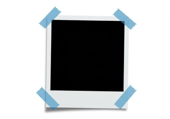 A blank photo frame affixed to a white surface using four pieces of light blue adhesive tape strips