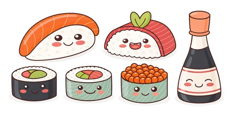 Cute cartoon sushi and soy sauce character design featuring various sushi types arranged playfully on a white background Generative AI  sushi, cartoon, cute, food, character, design, illustration 