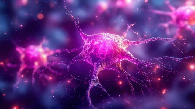 Stunning visual of a neuron glowing in vibrant purple and pink, representing a digital depiction of neuroscience and brain function
