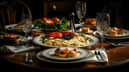 Fototapeta premium Elegant Formal Dinner Table Setting With Gourmet Dishes