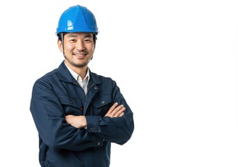 Man with blue hardhat and work clothes smiles with arms crossed on a white background looking at the camera