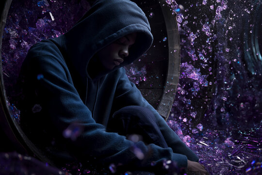 Hooded figure sits amidst purple, crystalline fragments, evoking a sense of mystery and introspection, perhaps representing solitude or hidden potential - Powered by Adobe