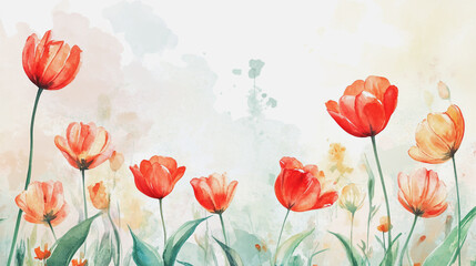 watercolor botanical Tulip flowers texture template background.Elegant wedding invitation card background . Minimal hand painted Design for wedding or Valentine's Day