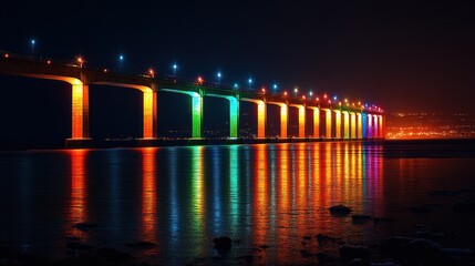Colorful bridge at night over calm water.  Pillar lights reflect in the dark water