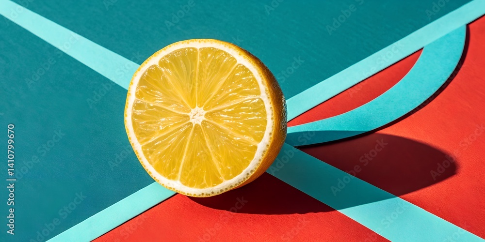 Aufkleber yellow lemon slice sits on colorful geometric background with turquoise and red shapes creating a mo